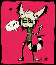 Size: 503x585 | Tagged: species needed, safe, artist:sttatic, oc, oc only, oc:wiseman (wiseman86), mammal, anthro, plantigrade anthro, 2009, abstract background, ambiguous gender, belt, big ears, black border, bottomwear, clothes, dialogue, ear fluff, ear piercing, ears, english text, fluff, gauges, gesture, jeans, neckerchief, oekaki, pants, peace sign, piercing, pink background, red background, scarf, scene fashion, shirt, signature, simple background, skinny jeans, sneakers, solo, solo ambiguous, speech bubble, tail, talking, text, topwear, x-shaped pupils