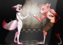 Size: 1800x1300 | Tagged: safe, artist:dichonoia, foxy (fnaf), mangle (fnaf), animatronic, canine, fox, mammal, robot, anthro, plantigrade anthro, five nights at freddy's, 2015, bowing, duo, english text, eyes closed, fangle (fnaf), female, hook, male, male/female, pirate, reaching, reaching out, shipping, tail, text, watermark
