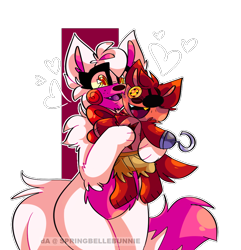 Size: 1056x1095 | Tagged: safe, artist:springbellebunnie, foxy (fnaf), mangle (fnaf), canine, fox, mammal, anthro, five nights at freddy's, 2018, cute, eyepatch, fangle (fnaf), fangs, female, heart, holding, hook, obtrusive watermark, pirate, plushie, sharp teeth, shipping, simple background, solo, solo female, tail, teeth, text, transparent background, watermark