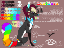 Size: 1034x775 | Tagged: safe, artist:luuffles, oc, oc only, oc:luufiera (luuffles), canine, equine, fictional species, mammal, pony, sparkle dog, unicorn, feral, 2008, bags under eyes, bandage, bandanna, brown background, claws, clothes, color palette, coontails, english text, female, hair, lip piercing, neckerchief, nose piercing, paws, piercing, rainbow claws, reference sheet, scene fashion, simple background, sitting, smiling, solo, solo female, tail, text
