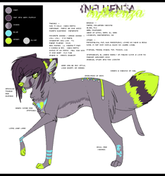 Size: 809x863 | Tagged: safe, artist:flutagious, oc, oc only, oc:influenza vaccina, canine, mammal, sparkle dog, feral, 2008, color palette, english text, female, green eyes, oekaki, paws, reference sheet, shoelaces, simple background, smiling, solo, solo female, tail, text, tongue, tongue out, white background