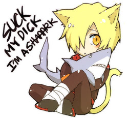 Size: 500x472 | Tagged: safe, artist:021, oc, animal humanoid, cat, feline, fictional species, fish, great white shark, mammal, shark, feral, humanoid, 2008, ambiguous gender, bandages, blonde hair, blushing, bottomwear, clothes, cute, fins, frowning, hair, light skin, low res, male, pants, sharp teeth, shirt, shoes, simple background, slit pupils, solo, solo ambiguous, solo male, swearing, teeth, text, topwear, vulgar, white background, yellow eyes
