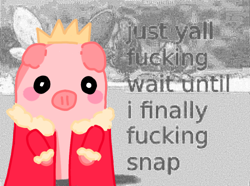 Size: 500x372 | Tagged: safe, artist:trashartbutmakeitcolorful, oc, oc only, oc:technoblade, mammal, pig, suid, feral, minecraft, youtube, 2020, black sclera, blushing, clothes, coat, colored sclera, crown, cursed image, english text, feralized, fur, jewelry, low res, male, meme, meme redraw, pink fur, pure unfiltered evil, reaction image, regalia, sleepy boys inc, solo, solo male, swearing, text, this will end in pain, topwear, vulgar, white eyes