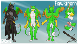 Size: 2800x1575 | Tagged: safe, artist:guttertongue, oc, oc only, oc:hawkthorn (thatonebirb), bird, feline, fictional species, gryphon, mammal, anthro, plantigrade anthro, 16:9, armor, barbie doll anatomy, beak, belt, bottomwear, brown feathers, butt, character name, cheek fluff, clothes, complete nudity, crossbow, dagger, ear fluff, ear piercing, ear tuft, earring, feathered wings, feathers, featureless crotch, fluff, front view, fur, green eyes, green feathers, green fur, green hair, hair, hood, leonine tail, male, nudity, pants, paw pads, paws, piercing, plague doctor, rear view, reference sheet, scabbard, solo, solo male, spread wings, standing, tail, underpaw, wallpaper, weapon, white fur, wings, yellow beak