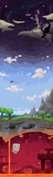 Size: 576x1920 | Tagged: safe, artist:blocky-blaze, herobrine (minecraft), bird, blaze (minecraft), bovid, caprine, chicken, creeper (minecraft), dragon, elemental creature, ender dragon, fictional species, fire elemental, galliform, ghast, human, mammal, monster, sheep, undead, zombie, feral, humanoid, minecraft, 2019, abandoned mineshaft, ambiguous gender, cave, cloud, coal, diamond, elytra, end crystal, fire, flower, flying, gold, grass, house, iron, jean?, lava, male, mountain, redstone, sky, stars, the end, the nether, torch, tree, wings