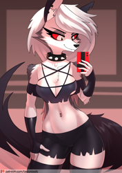 Size: 848x1200 | Tagged: suggestive, artist:chrysalisdraws, loona (vivzmind), canine, fictional species, hellhound, mammal, anthro, hazbin hotel, helluva boss, arm fluff, belly button, belly button piercing, breasts, chest fluff, cleavage fluff, clothes, collar, colored sclera, crop top, fangs, female, fluff, hair, holding object, hourglass figure, phone, piercing, red sclera, sharp teeth, shoulder fluff, signature, solo, solo female, spiked collar, tail, teeth, topwear, white hair