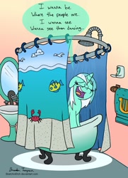 Size: 1280x1771 | Tagged: safe, artist:sketchinetch, lyra heartstrings (mlp), equine, fictional species, mammal, pony, unicorn, feral, disney, friendship is magic, hasbro, my little pony, the little mermaid (disney), bath, bathroom, bathtub, clawfoot tub, crossover, female, human lovers, mare, reference, shower, shower curtain, showerhead, singing, sink, solo, solo female, towel, water
