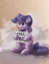 Size: 2550x3300 | Tagged: safe, artist:th3ipodm0n, twilight sparkle (mlp), equine, fictional species, mammal, pony, unicorn, feral, friendship is magic, hasbro, my little pony, female, free hugs, fur, hair, high res, mare, purple eyes, purple fur, purple hair, sign, sitting, smiling, solo, solo female, striped hair
