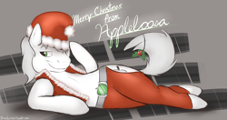 Size: 1711x900 | Tagged: dead source, safe, artist:braeburned, braeburn (mlp), earth pony, equine, fictional species, mammal, pony, feral, friendship is magic, hasbro, my little pony, 2012, christmas, clothes, costume, cutie mark, green eyes, hair, hat, holiday, holly, lying down, male, mane, on side, santa hat, smiling, solo, solo male, tail