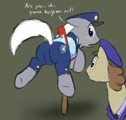 Size: 982x938 | Tagged: dead source, suggestive, artist:braeburned, mr. zippy (mlp), post haste (mlp), earth pony, equine, fictional species, mammal, pony, feral, hasbro, my little pony, 2012, blushing, brown hair, butt, buttstuck, clothes, crotch bulge, digital art, duo, duo male, ears laid back, fur, gray fur, hair, hat, looking back, mailpony, male, males only, stallion, stuck, talking, white hair
