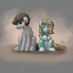 Size: 2000x2000 | Tagged: safe, artist:th3ipodm0n, oc, oc:rigby, earth pony, equine, fictional species, mammal, pony, feral, hasbro, my little pony, aquamarine fur, brown hair, colored hooves, duo, earbuds, female, fur, gray fur, green eyes, hair, high res, hooves, ipod, male, mare, stallion, thousand yard stare, yellow hair