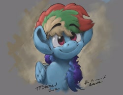Size: 3300x2550 | Tagged: safe, artist:th3ipodm0n, rainbow dash (mlp), equine, fictional species, mammal, pegasus, pony, feral, friendship is magic, hasbro, my little pony, blue fur, bust, eyebrow through hair, eyebrows, female, fur, hair, high res, looking at you, pink eyes, portrait, rainbow hair, signature, smiling, smiling at you, solo, solo female, striped hair