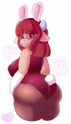 Size: 1108x1920 | Tagged: suggestive, artist:miss moosie, oc, oc:moosie, bovid, cattle, cow, mammal, anthro, bunny ears, bunny suit, clothes, curvy, easter egg, female, glasses, gloves, heart, heart eyes, horns, looking at you, looking over shoulder, nipple outline, solo, solo female, thick, wingding eyes