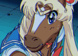 Size: 600x435 | Tagged: safe, artist:2snacks, usagi tsukino (sailor moon), equine, horse, mammal, anthro, sailor moon, animated, anthrofied, blue eyes, choker, ear piercing, earring, female, furrified, gif, hoers, horsified, mare, meme, parody, piercing, sailor moon redraw, sailor outfit, solo, solo female, species swap, sweat