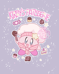 Size: 640x800 | Tagged: safe, artist:komugitsune, kirby (kirby), fictional species, puffball (kirby), semi-anthro, kirby (series), nintendo, 2019, abstract background, blobfeet, cake, candy, chef's hat, chocolate, clothes, cookie, cupcake, cute, food, hat, male, obtrusive watermark, pudding, scarf, smiling, solo, solo male, spoon, text, watermark