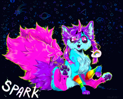 Size: 1290x1041 | Tagged: safe, artist:rawrze, oc, oc only, oc:spark, canine, dog, mammal, sparkle dog, feral, 2019, abstract background, ambiguous gender, claws, color porn, coontails, english text, hair, heart, heart eyes, horn, kemono, multiple tails, paw pads, paws, scene fashion, sitting, solo, solo ambiguous, starry eyes, tail, text, two tails, wingding eyes, wings