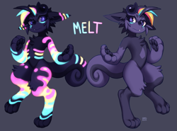 Size: 1187x879 | Tagged: safe, artist:ground-lion, oc, oc only, oc:melt (ground-lion), chimeron, fictional species, mammal, anthro, digitigrade anthro, 2019, ahoge, alternate coloration, black fur, black hair, black horns, black nose, black paw pads, body markings, central heterochromia, character name, chest fluff, color porn, colored pupils, colored sclera, curled tail, cute, cute little fangs, cyan fur, cyan hair, diamond shaped markings, duality, ear markings, english text, facial markings, fangs, female, fluff, fur, gloves (arm marking), glowing, glowing eyes, glowing fur, glowing hair, glowing markings, gray background, gray fur, gray sclera, hair, heterochromia, horns, kemono, long nose, magenta body, magenta fur, magenta hair, multicolored hair, paw pads, paws, pointy nose, purple eyes, red hair, reference sheet, ringtail, round eyebrows, self paradox, signature, simple background, socks (leg marking), solo, solo female, striped fur, striped tail, stripes, tail, teal hair, teeth, text, white pupils, yellow fur, yellow hair, yellow sclera