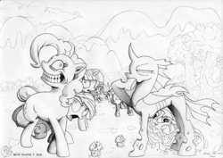 Size: 3840x2724 | Tagged: safe, artist:moon flower, furbooru exclusive, applejack (mlp), derpy hooves (mlp), fluttershy (mlp), pinkie pie (mlp), rainbow dash (mlp), rarity (mlp), spike (mlp), twilight sparkle (mlp), arthropod, changeling, dragon, earth pony, equine, fictional species, mammal, pegasus, pony, unicorn, western dragon, feral, semi-anthro, series:moon flower's my little pony: friendship is magic comic issue #1 fan art, friendship is magic, hasbro, my little pony, 2016, ambiguous gender, angry, box, bush, cloud, creepy, crumbs, female, forest, goo, grass, grayscale, grin, gritted teeth, group, hair, high res, hill, hooves, horn, leaning forward, line-up, looking at each other, male, mane, mare, monochrome, mountain, mountain range, muffin, open mouth, outdoors, pencil drawing, raised leg, scenery, side view, signature, smiling, squinting, standing, suspicious, tail, teeth, tongue, tongue out, traditional art, trapped, tree, trembling, wings, work in progress