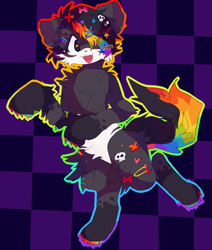 Size: 2329x2741 | Tagged: safe, artist:seasicks, oc, oc only, canine, mammal, sparkle dog, semi-anthro, 2019, abstract background, black eyes, black fur, black hair, black tail, blue fur, blue hair, blue tail, body markings, bow, checkered background, claws, color porn, colored outline, colored pupils, cute, cute little fangs, decora, digital art, double outline, fangs, flat colors, fur, fur clip, gloves (arm marking), gray fur, gray tail, green fur, green hair, green tail, hair, hair bow, hair clip, hair over one eye, high res, kemono, magenta body, magenta fur, magenta hair, magenta tail, multicolored claws, multicolored fur, multicolored hair, multicolored outline, multicolored paw pads, multicolored pupils, multicolored tail, orange fur, orange hair, orange tail, outline, paw pads, paws, purple fur, purple hair, purple tail, rainbow claws, rainbow fur, rainbow hair, rainbow outline, rainbow paw pads, rainbow pupils, rainbow tail, red fur, red hair, red tail, scene fashion, sharp teeth, socks (leg marking), solo, tail, teal fur, teal hair, teal tail, teeth, white fur, wingding eyes, yellow fur, yellow hair, yellow tail