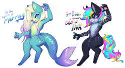 Size: 1600x877 | Tagged: safe, artist:toripng, oc, oc only, canine, fish, mammal, anthro, digitigrade anthro, 2019, adoptable, ambiguous gender, black fur, blonde hair, blue scales, blue tail, body markings, central heterochromia, claws, color porn, colored pupils, cute, cyan claws, cyan eyes, cyan fur, cyan hair, cyan paw pads, cyan tail, digital art, duo, duo ambiguous, english text, facial markings, fins, fish tail, fur, gradient hair, gray fur, green fur, hair, heterochromia, kemono, magenta body, magenta claws, magenta eyes, magenta fur, magenta hair, magenta nose, magenta paw pads, magenta tail, multicolored claws, multicolored fur, multicolored hair, multicolored paw pads, paw pads, paws, purple claws, purple eyes, purple fur, purple hair, purple nose, purple paw pads, purple scales, purple tail, scales, simple background, spots, spotted fur, star shaped markings, striped fur, stripes, tail, teal fur, teal tail, text, transparent background, watermark, white fur, yellow claws, yellow fur, yellow hair, yellow paw pads, yellow pupils, yellow tail