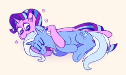 Size: 1885x1122 | Tagged: safe, artist:fwipfwop, starlight glimmer (mlp), trixie (mlp), equine, fictional species, mammal, pony, unicorn, feral, friendship is magic, hasbro, my little pony, blue eyes, cuddling, eyes closed, female, female/female, females only, happy, heart, hug, shipping, smiling, startrix (mlp)