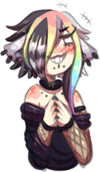Size: 305x521 | Tagged: safe, artist:elevera, oc, oc only, animal humanoid, fictional species, mammal, humanoid, 2019, arm warmers, blushing, clothes, collar, coontails, ear piercing, female, fishnet, grin, hair, low res, piercing, rainbow hair, scene fashion, see-through, shirt, simple background, solo, solo female, topwear, transparent background