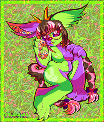 Size: 850x1000 | Tagged: safe, artist:cassup0p, oc, oc only, fictional species, jackalope, lagomorph, mammal, rabbit, anthro, plantigrade anthro, 2014, abstract background, antlers, color porn, female, kemono, looking at you, red eyes, signature, solo, solo female, tail, text, watermark