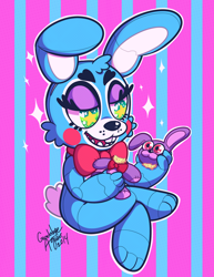 Size: 1330x1720 | Tagged: safe, artist:dolcisprinkles, bonnie (fnaf), toy bonnie (fnaf), animatronic, lagomorph, mammal, rabbit, robot, anthro, plantigrade anthro, five nights at freddy's, 2014, abstract background, color porn, femboy, green eyes, looking at something, male, paws, plushie, red eyes, sitting, solo, solo male, starry eyes, tail, wingding eyes