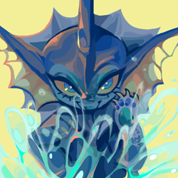 Size: 2449x2449 | Tagged: safe, artist:peeweaklinq, eeveelution, fictional species, vaporeon, feral, nintendo, pokémon, 2018, ambiguous gender, claws, high res, looking at you, paw pads, paws, simple background, solo, solo ambiguous, water, yellow background