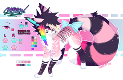 Size: 1250x808 | Tagged: safe, artist:nyakotsu, oc, oc only, oc:carson (nyakotsu), canine, fox, mammal, sparkle dog, feral, 2019, bow, claws, coontails, femboy, hair, kemono, male, paws, reference sheet, scene fashion, simple background, solo, solo male, tail, transparent background