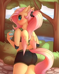 Size: 802x996 | Tagged: suggestive, artist:evehly, fluttershy (mlp), equine, fictional species, mammal, pegasus, pony, anthro, friendship is magic, hasbro, my little pony, anthrofied, blushing, bottomwear, clothes, embarrassed, exercise, female, jogging, pants, shy, skin tight, solo, solo female, tight clothing, yoga pants