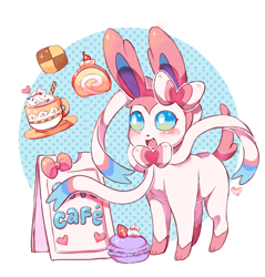 Size: 1530x1600 | Tagged: safe, artist:amphany, eeveelution, fictional species, sylveon, feral, nintendo, pokémon, 2014, abstract background, ambiguous gender, blushing, cute, kemono, mug, poké puff, sign, smiling, solo, solo ambiguous