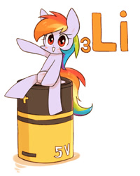 Size: 800x1000 | Tagged: safe, artist:joycall6, part of a set, rainbow dash (mlp), equine, fictional species, mammal, pegasus, pony, semi-anthro, series:joycall6's periodic table, friendship is magic, hasbro, my little pony, :>, battery, blushing, chemistry, cute, female, lithium, mare, periodic table, simple background, sitting, smiling, solo, solo female, tail, white background