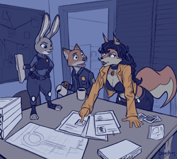 Size: 1977x1769 | Tagged: safe, artist:greasymojo, carmelita fox (sly cooper), judy hopps (zootopia), nick wilde (zootopia), canine, fox, lagomorph, mammal, rabbit, red fox, anthro, plantigrade anthro, disney, sly cooper (series), zootopia, 2019, blue hair, breasts, cleavage, clothes, coffee mug, collar, crop top, crossover, female, group, hair, indoors, jacket, looking at each other, male, open mouth, paper, police uniform, smiling, standing, table, tail, topwear, vixen