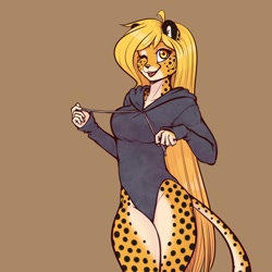 Size: 1280x1280 | Tagged: safe, artist:scorpdk, oc, oc only, oc:mihari, cheetah, feline, mammal, anthro, 1:1, 2018, adorasexy, blonde hair, breasts, brown background, clothes, cute, female, hair, hoodie, hoodie leotard, one eye closed, pale belly, sexy, simple background, smiling, solo, solo female, thick thighs, thighs, thong leotard, topwear, winking, yellow eyes