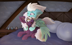 Size: 3840x2400 | Tagged: safe, artist:nighty, fleetfoot (mlp), canon x oc, oc, oc:nighty cloud, equine, fictional species, mammal, pegasus, pony, feral, friendship is magic, hasbro, my little pony, 8:5, bed, bedroom, bedside table, blushing, chest fluff, cuddling, cute, cutie mark, duo, ear fluff, ear piercing, earring, eye through hair, feathered wings, feathers, female, female/female, fireplace, fleetnight (mlp), fluff, frog (hoof), fur, hair, happy, high res, hooves, hug, indoors, jewelry, looking at each other, lying down, mare, night, nightstand, on bed, on top, one eye closed, open mouth, piercing, pillow, prone, purple fur, shipping, signature, spread wings, surprised, tail, tail fluff, underhoof, white hair, wings