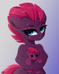 Size: 1280x1600 | Tagged: safe, artist:xsatanielx, tempest shadow (mlp), equine, fictional species, mammal, pony, unicorn, semi-anthro, friendship is magic, hasbro, my little pony, my little pony: the movie, broken horn, chest fluff, female, fluff, horn, lidded eyes, looking at you, plushie, solo, solo female, teal eyes
