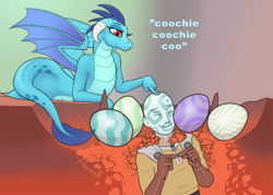 Size: 2000x1432 | Tagged: safe, artist:arareroll, princess ember (mlp), saitama (one punch man), dragon, fictional species, human, mammal, reptile, western dragon, friendship is magic, hasbro, my little pony, one punch man, crossover, dragoness, duo, egg, egghead, eggs, female, funny, male, not salmon, pun, wat