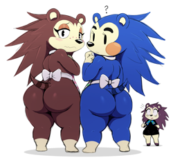 Size: 1925x1777 | Tagged: suggestive, artist:ss2sonic, labelle (animal crossing), mabel (animal crossing), sable (animal crossing), hedgehog, mammal, anthro, animal crossing, nintendo, blushing, butt, female, females only, group, looking at you, looking back, looking back at you, question mark, quills, siblings, simple background, sister, sisters, trio, trio female