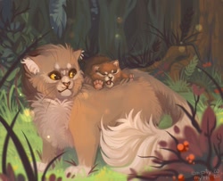 Size: 1280x1039 | Tagged: safe, artist:sqbow, brokenstar (warrior cats), yellowfang (warrior cats), cat, feline, mammal, feral, warrior cats, 2020, brown fur, cute, digital art, duo, female, forest, fur, grass, gray fur, kitten, male, mother, mother and child, mother and son, paw pads, paws, plant, riding, riding on back, scenery, scenery porn, son, technical advanced, watermark, yellow eyes, young
