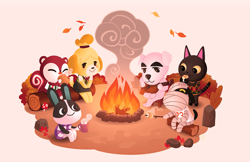 Size: 1275x825 | Tagged: safe, artist:leahmsmith, dotty (animal crossing), isabelle (animal crossing), k.k. slider (animal crossing), kiki (animal crossing), lucky (animal crossing), poppy (animal crossing), canine, cat, dog, feline, jack russell terrier, lagomorph, mammal, rabbit, rodent, shih tzu, squirrel, terrier, anthro, plantigrade anthro, animal crossing, nintendo, 2016, 2d, acoustic guitar, bandages, black eyes, black fur, blushing, campfire, clothes, colored sclera, digital art, eating, female, food, fur, glowing, glowing eyes, group, guitar, hot chocolate, leaf, log, male, marshmallow, mug, musical instrument, outdoors, paws, playing musical instrument, red fur, rock, shirt, sitting, smiling, stick, striped tail, stripes, tail, topwear, white fur, yellow fur, yellow sclera