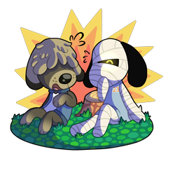 Size: 2000x2000 | Tagged: safe, artist:deathbyufo, lucky (animal crossing), shep (animal crossing), canine, dog, mammal, anthro, plantigrade anthro, animal crossing, nintendo, 2017, 2d, black fur, brown fur, clothes, digital art, duo, duo male, eyes closed, fur, glowing, glowing eyes, grass, high res, male, males only, open mouth, outdoors, paws, sheepdog, shirt, sitting, stump, topwear, yellow eyes