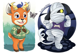 Size: 1000x678 | Tagged: safe, artist:loihtuja, beau (animal crossing), lucky (animal crossing), antelope, arthropod, beetle, bovid, butterfly, canine, cervid, deer, dog, insect, mammal, anthro, plantigrade anthro, unguligrade anthro, animal crossing, nintendo, 2020, 2d, ambient wildlife, bandages, black fur, black tail, blue eyes, clothes, crescent moon, digital art, duo, duo male, fur, glowing, glowing eyes, gravestone, hooves, horns, lidded eyes, male, males only, moon, night, night sky, open mouth, orange fur, orange tail, outdoors, paws, shirt, short tail, sky, sweater, t-shirt, tail, topwear, ungulate, white fur, yellow eyes