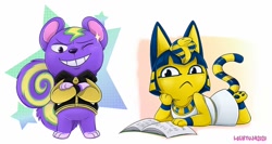 Size: 1024x545 | Tagged: safe, artist:loihtuja, ankha (animal crossing), static (animal crossing), cat, feline, mammal, rodent, squirrel, anthro, plantigrade anthro, animal crossing, nintendo, 2020, 2d, :<, book, clothes, crossed arms, curled tail, digital art, duo, female, frowning, fur, grin, jacket, jewelry, lying down, male, one eye closed, paw pads, paws, prone, purple fur, purple tail, robe, striped tail, stripes, tail, teeth, topwear, underpaw, yellow fur