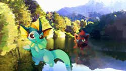 Size: 4128x2322 | Tagged: safe, artist:ganjababy123456789, canine, eeveelution, fictional species, fox, mammal, vaporeon, zorua, feral, semi-anthro, nintendo, pokémon, 16:9, 2020, absurd resolution, ambiguous gender, black sclera, blue eyes, colored sclera, cute, duo, looking at you, mountain, scenery, scenery porn, technical advanced, tree, wallpaper, water, white eyes