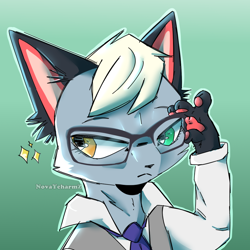 Size: 1080x1080 | Tagged: safe, artist:novaycharmz, raymond (animal crossing), cat, feline, mammal, siamese, anthro, animal crossing, animal crossing: new horizons, nintendo, 2020, :<, bust, clothes, digital art, double outline, frowning, fur, glasses, gray fur, green background, head fluff, heterochromia, long sleeves, male, necktie, paw pads, paws, shirt, simple background, solo, solo male, topwear, undershirt, vest, watermark