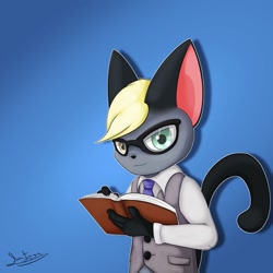 Size: 1024x1024 | Tagged: safe, artist:asteraart, raymond (animal crossing), cat, feline, mammal, siamese, anthro, animal crossing, animal crossing: new horizons, nintendo, 2020, black tail, blue background, book, clothes, digital art, double outline, fur, glasses, gray fur, head fluff, heterochromia, holding, holding book, holding object, long sleeves, male, shirt, signature, simple background, solo, solo male, tail, topwear, undershirt, vest