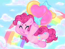 Size: 4000x3000 | Tagged: safe, artist:bunxl, pinkie pie (mlp), earth pony, equine, fictional species, mammal, pony, feral, friendship is magic, hasbro, my little pony, 2020, absurd resolution, balloon, chibi, color porn, cute, eyes closed, female, fur, hair, hooves, pink fur, pink hair, pink tail, rainbow, smiling, solo, solo female, tail