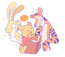 Size: 1279x1125 | Tagged: safe, artist:banfran, rabbit (winnie-the-pooh), tigger (winnie-the-pooh), winnie-the-pooh (winnie-the-pooh), bear, big cat, feline, lagomorph, mammal, rabbit, tiger, semi-anthro, disney, winnie-the-pooh, blushing, book, cute, exclamation point, holding, holding book, holding object, male, smiling