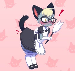 Size: 1268x1200 | Tagged: safe, artist:luxxart, raymond (animal crossing), cat, feline, mammal, siamese, anthro, animal crossing, animal crossing: new horizons, nintendo, abstract background, apron, black tail, blushing, clothes, crossdressing, digital art, dress, exclamation point, femboy, glasses, head fluff, heterochromia, holding, legwear, maid outfit, male, raised tail, shocked, shoes, signature, solo, solo male, stockings, tail